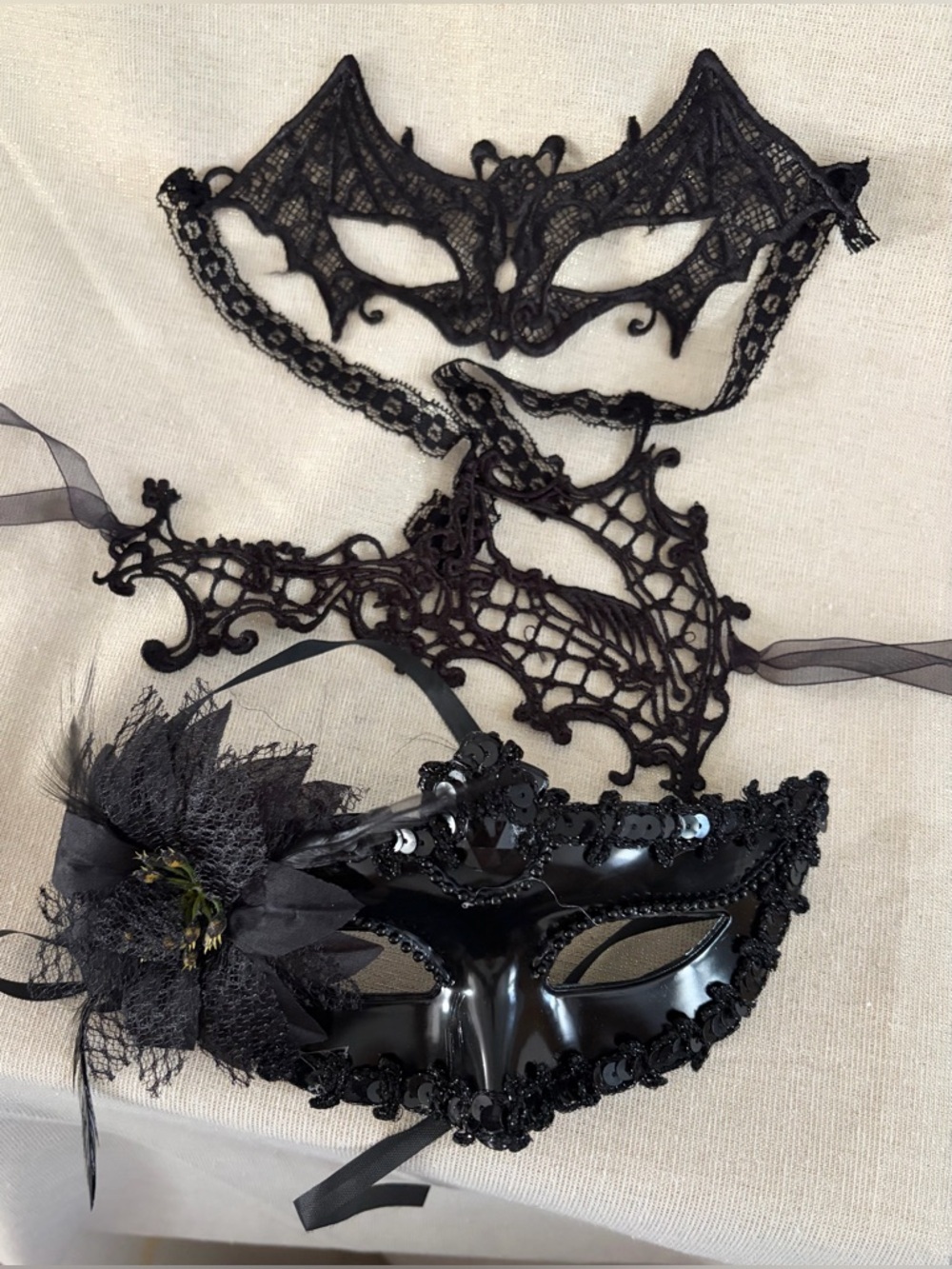 Three Black Lace & Sequin Venetian Masquerade Mask Set